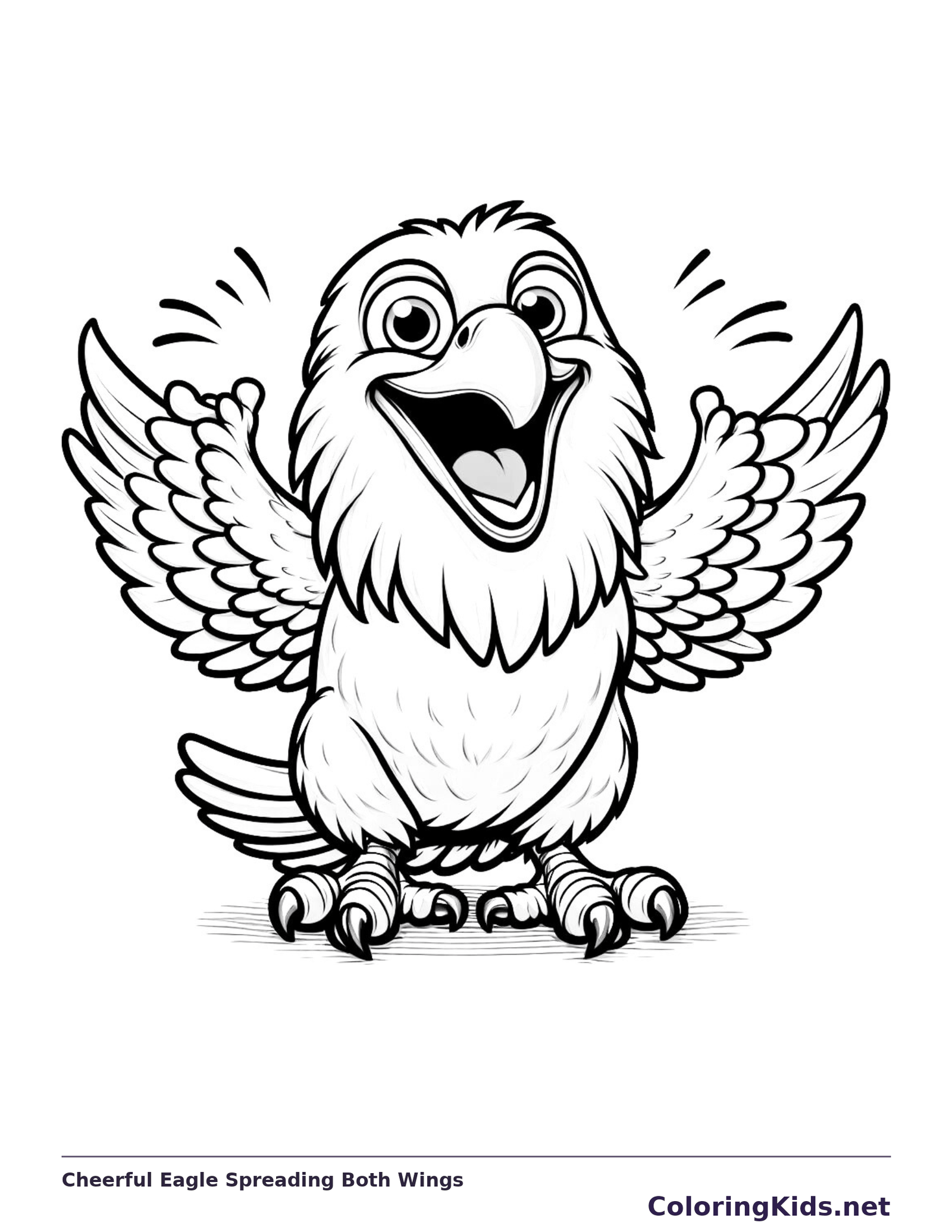 Black-and-white cartoon eagle coloring page of cheerful eagle spreading both wings. An open-beaked cartoon eagle lifts both wings beside its head. Repeated feather rows, spread tail tips and curled talons fill the pose.