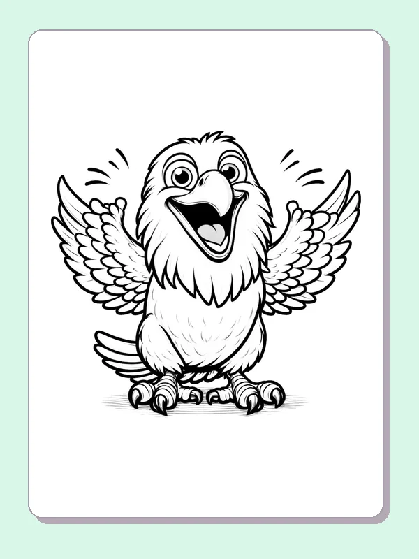 Black-and-white cartoon eagle coloring page of cheerful eagle spreading both wings. An open-beaked cartoon eagle lifts both wings beside its head. Repeated feather rows, spread tail tips and curled talons fill the pose.