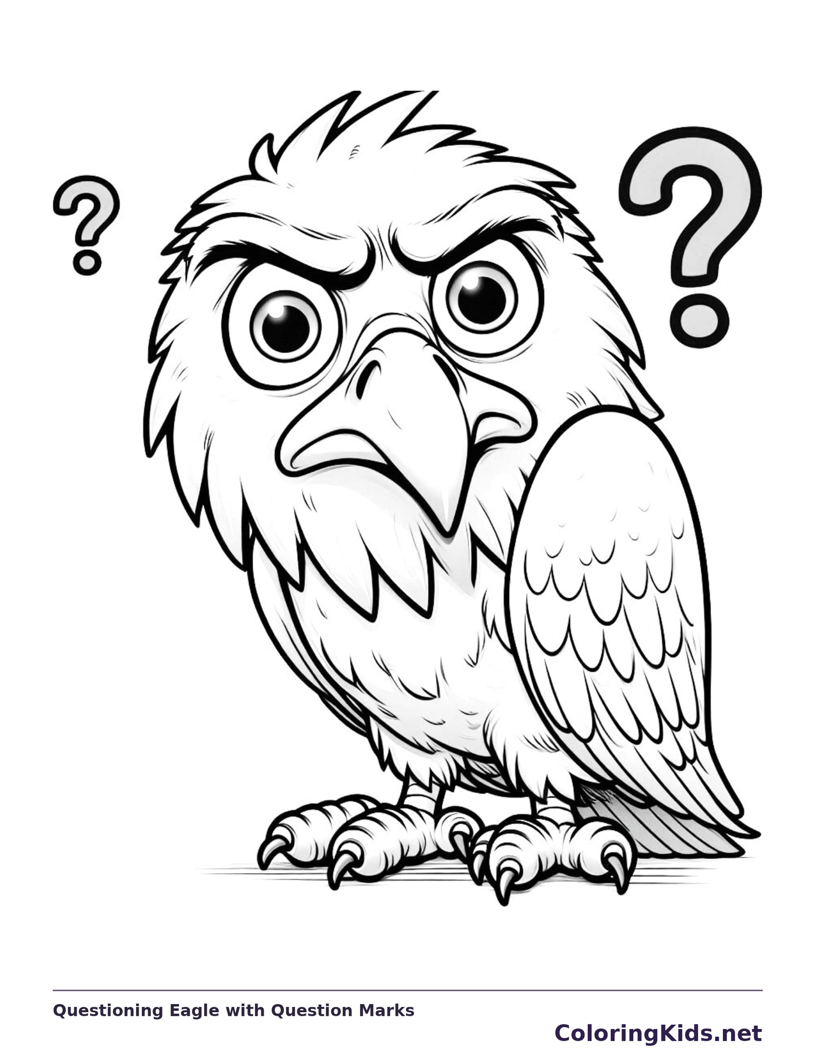 Printable cartoon eagle coloring page with a hooked beak, broad wing and two question marks