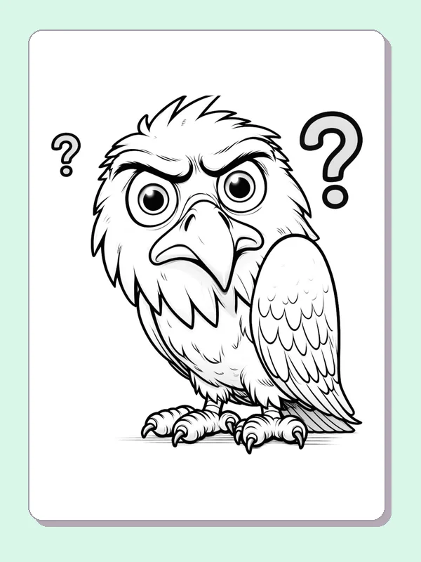 Printable cartoon eagle coloring page with a hooked beak, broad wing and two question marks