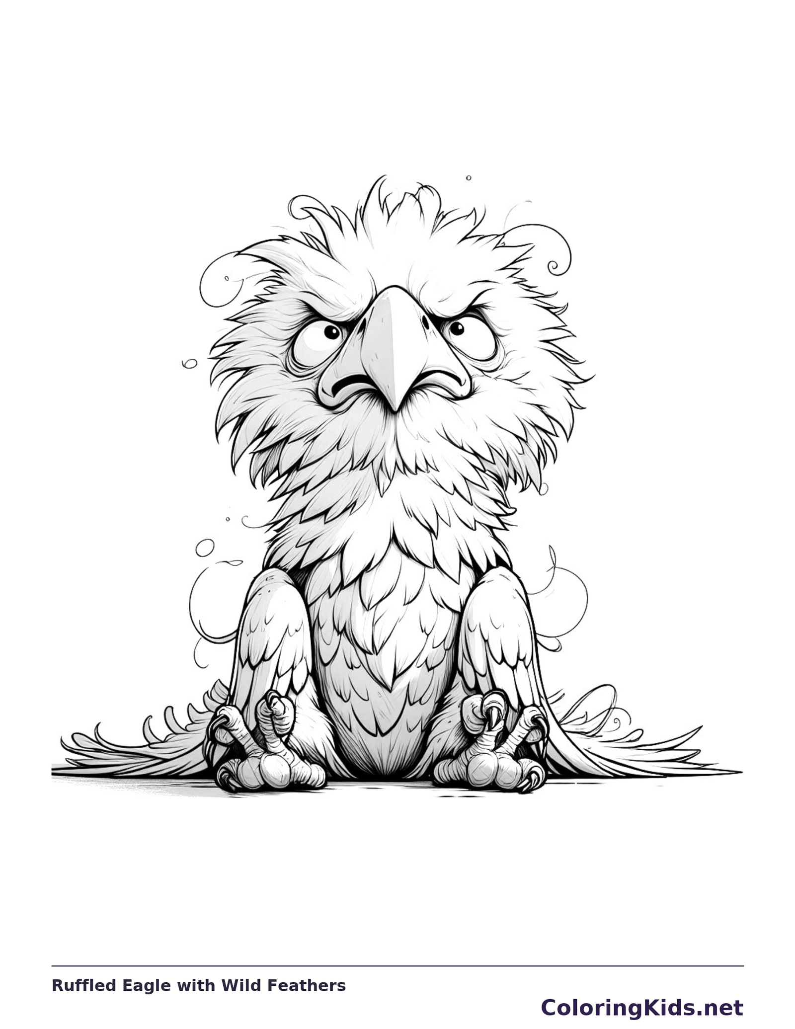 Black-and-white cartoon eagle coloring page of ruffled eagle with wild feathers. A bird with a hooked beak sits amid ruffled head, neck and chest feathers. Fine gray shading and many overlapping tips already fill parts of the art.