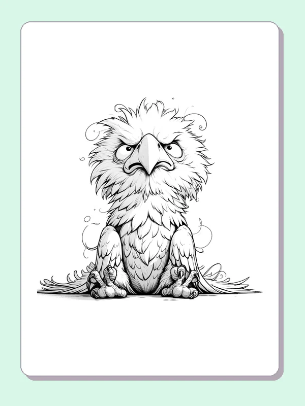 Black-and-white cartoon eagle coloring page of ruffled eagle with wild feathers. A bird with a hooked beak sits amid ruffled head, neck and chest feathers. Fine gray shading and many overlapping tips already fill parts of the art.