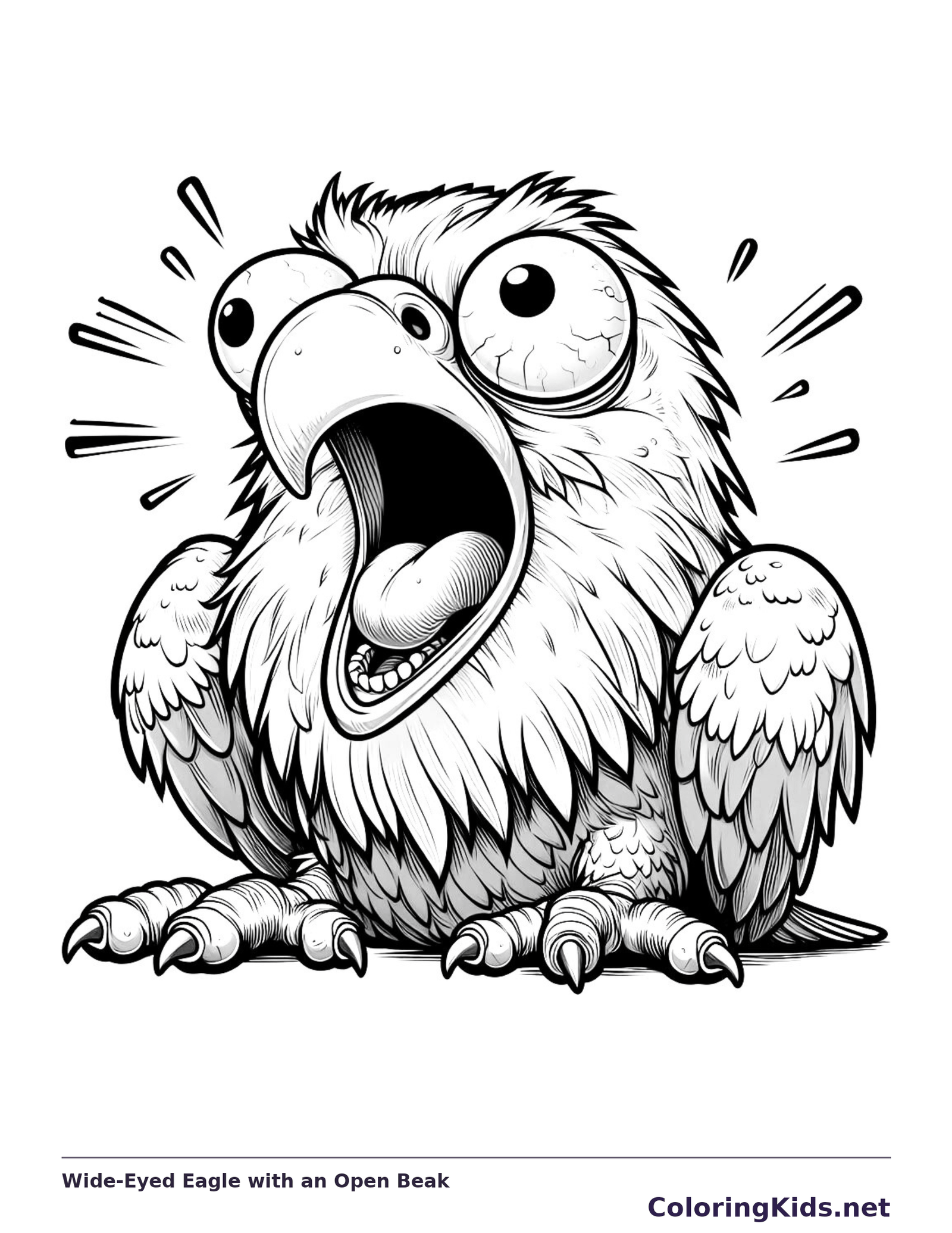 Black-and-white cartoon eagle coloring page of wide-eyed eagle with an open beak. An eagle-like bird opens its beak extremely wide as short marks radiate around its head. Small teeth, wing feathers and talons add close detail.