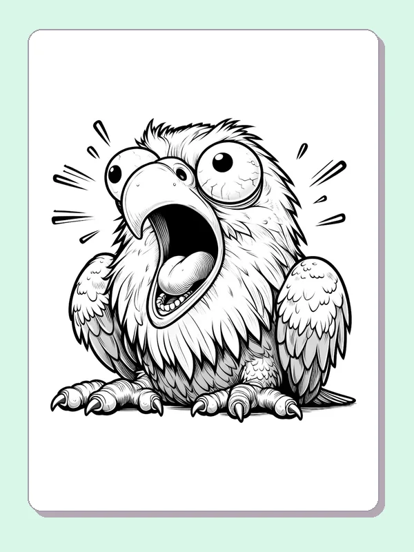 Black-and-white cartoon eagle coloring page of wide-eyed eagle with an open beak. An eagle-like bird opens its beak extremely wide as short marks radiate around its head. Small teeth, wing feathers and talons add close detail.