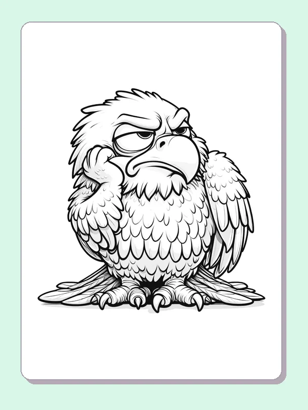 Black-and-white cartoon eagle coloring page of thinking eagle resting its cheek. An eagle props its cheek on a folded wing and looks sideways beneath lowered brows. Layered body feathers and long tail tips surround its talons.