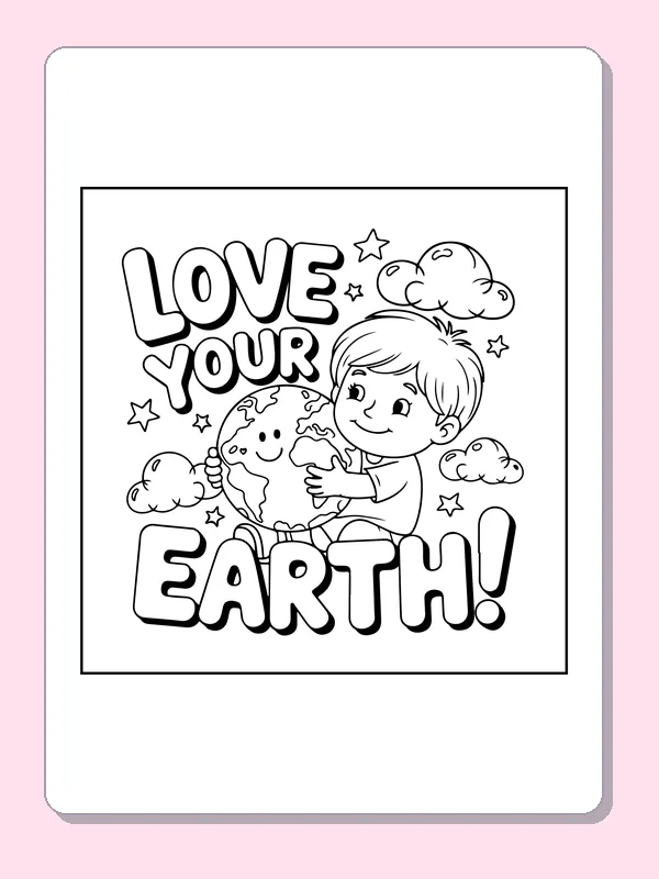 Boy Hugging Earth with Lettering coloring page: black and white line art to print or color online