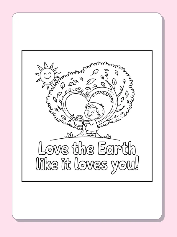 Child beneath a Love the Earth Tree coloring page: black and white line art to print or color online