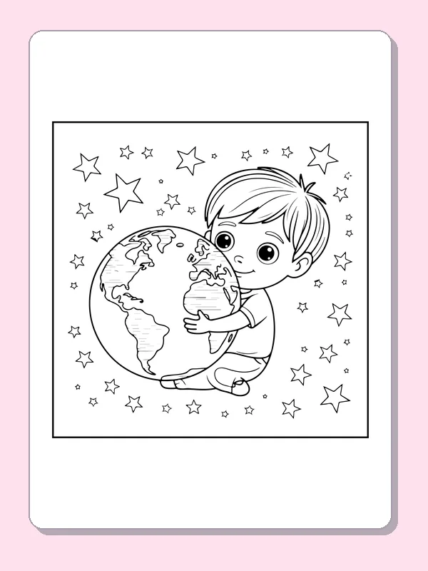 Child Hugging a Globe under Stars coloring page: black and white line art to print or color online