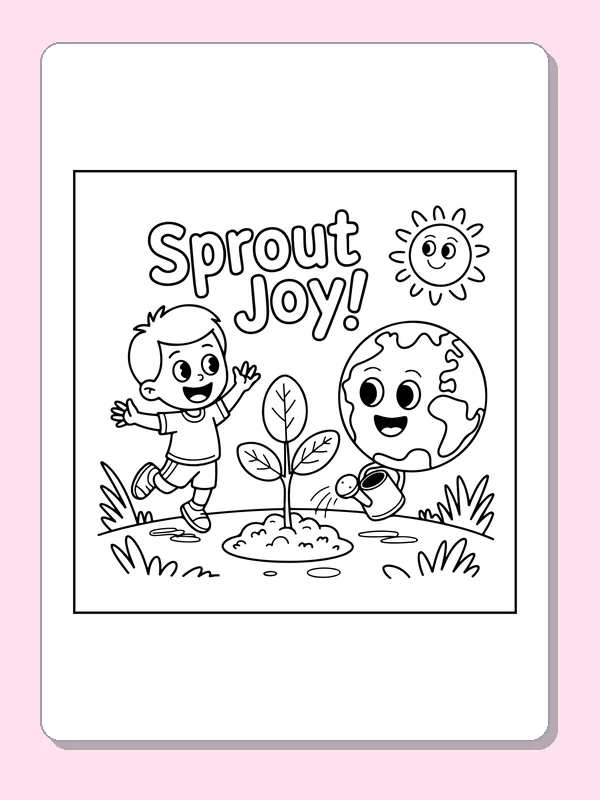 Child Planting beside a Smiling Planet coloring page: black and white line art to print or color online