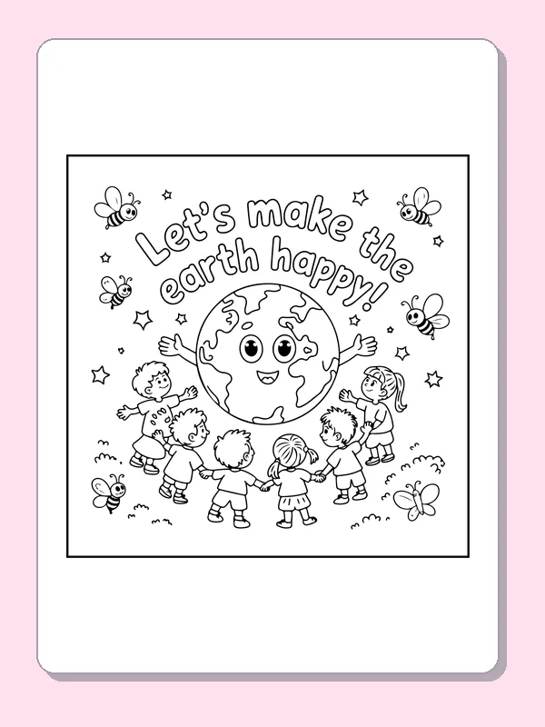 Children around a Happy Earth coloring page: black and white line art to print or color online