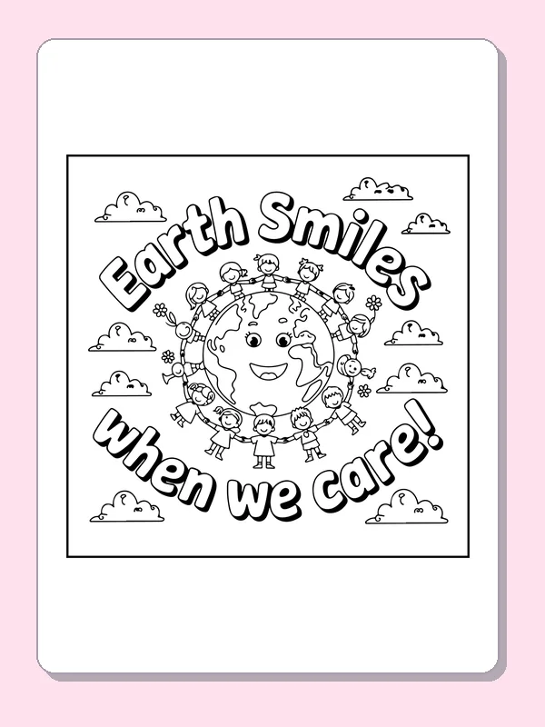 Children Circling a Smiling Planet coloring page: black and white line art to print or color online