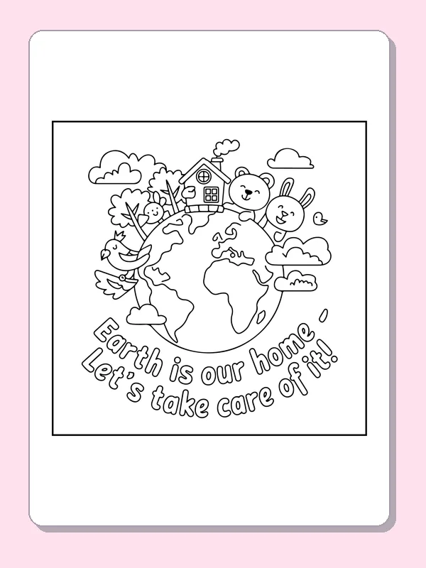 Earth Is Our Home with Animal Friends coloring page: black and white line art to print or color online