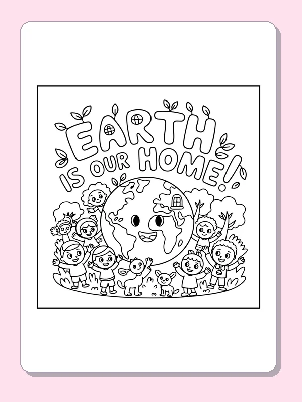 Earth Is Our Home with Children coloring page: black and white line art to print or color online