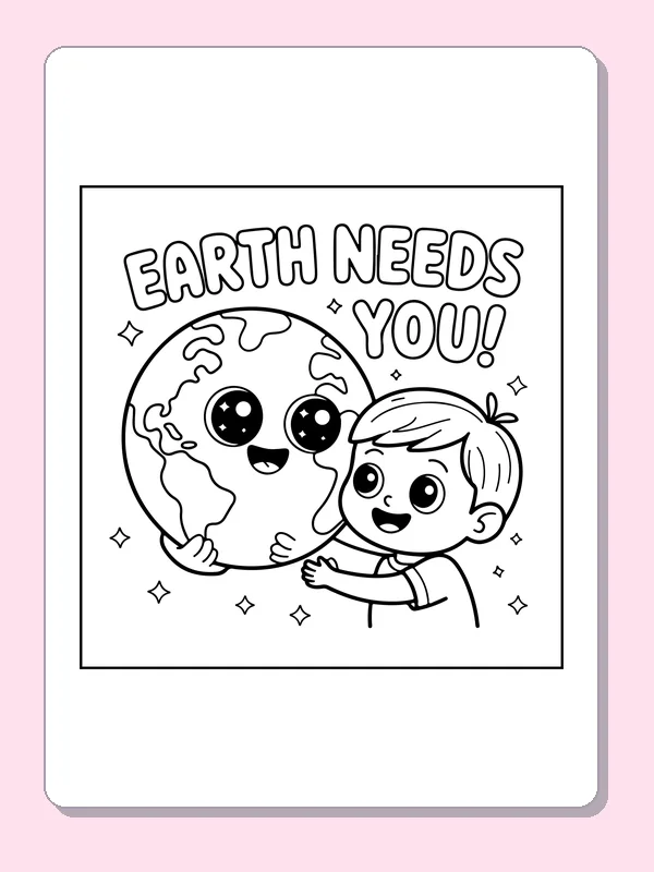 Earth Needs You and a Helping Child coloring page: black and white line art to print or color online