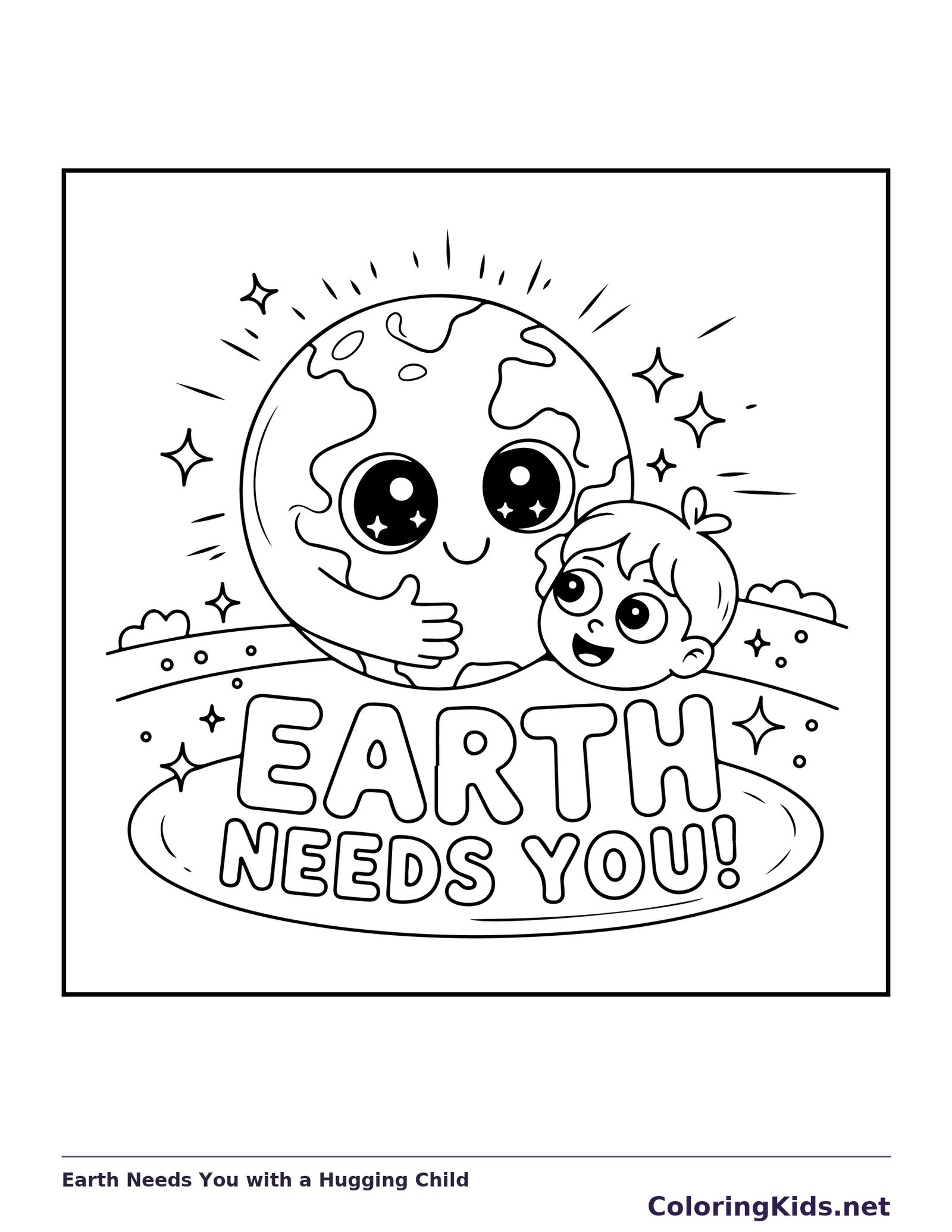 Earth Needs You with a Hugging Child coloring page: black and white line art to print or color online
