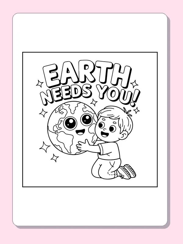 Earth Needs You with Boy and Globe coloring page: black and white line art to print or color online