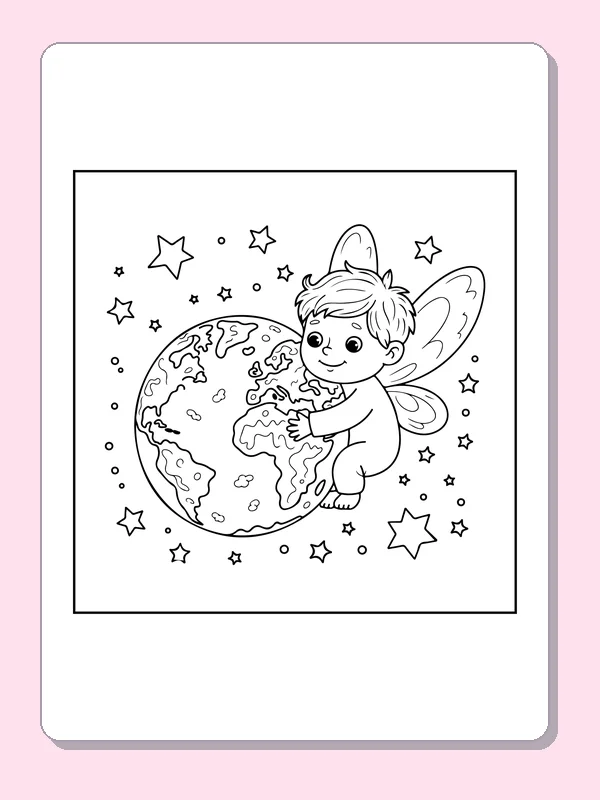 Fairy Hugging Planet Earth coloring page: black and white line art to print or color online