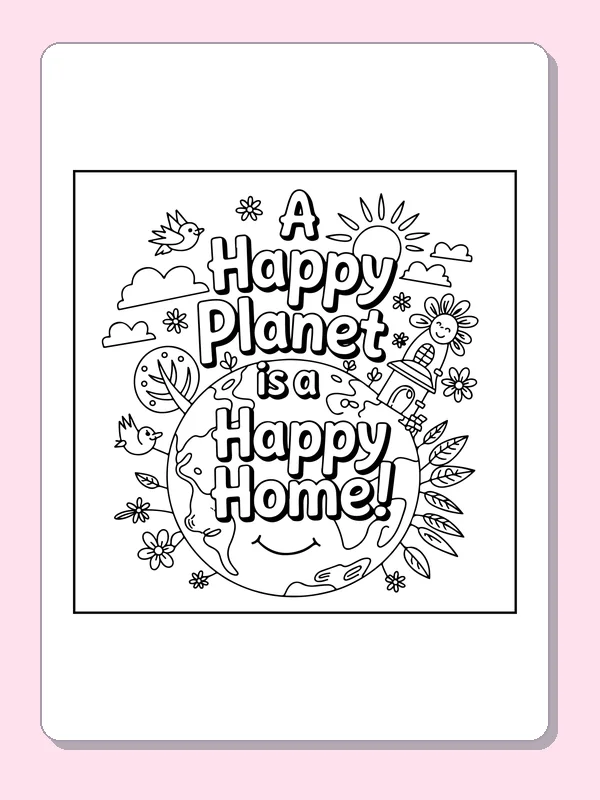 Happy Planet Home Lettering Page coloring page: black and white line art to print or color online