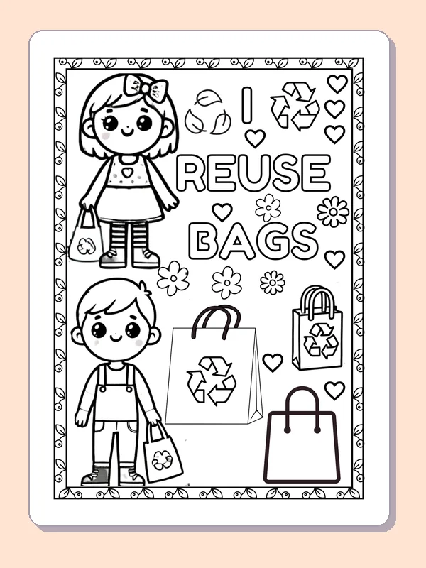Reusable Bags with Two Children coloring page: black and white line art to print or color online