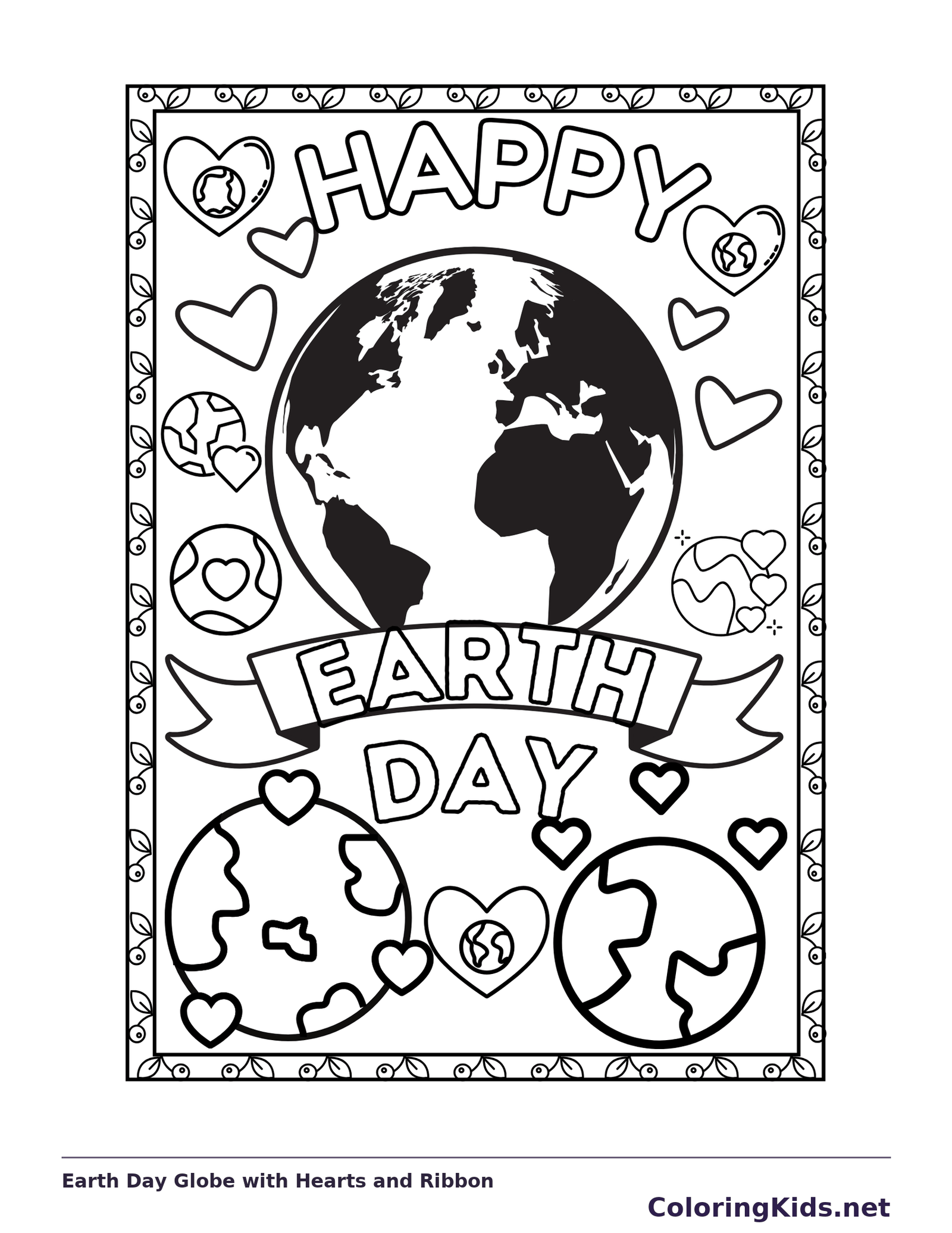 Earth Day Globe with Hearts and Ribbon coloring page: black and white line art to print or color online