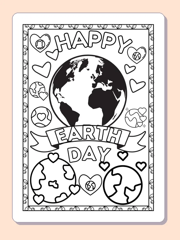 Earth Day Globe with Hearts and Ribbon coloring page: black and white line art to print or color online