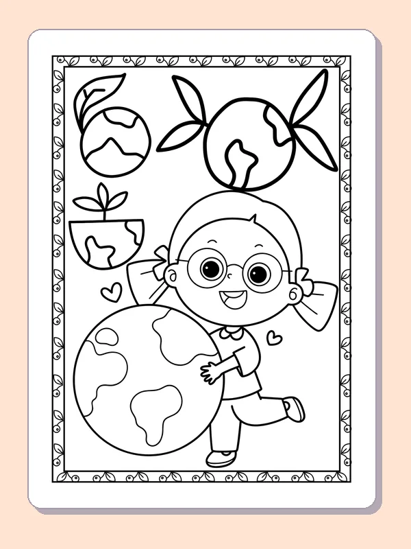 Child Carrying a Globe Among Leaves coloring page: black and white line art to print or color online
