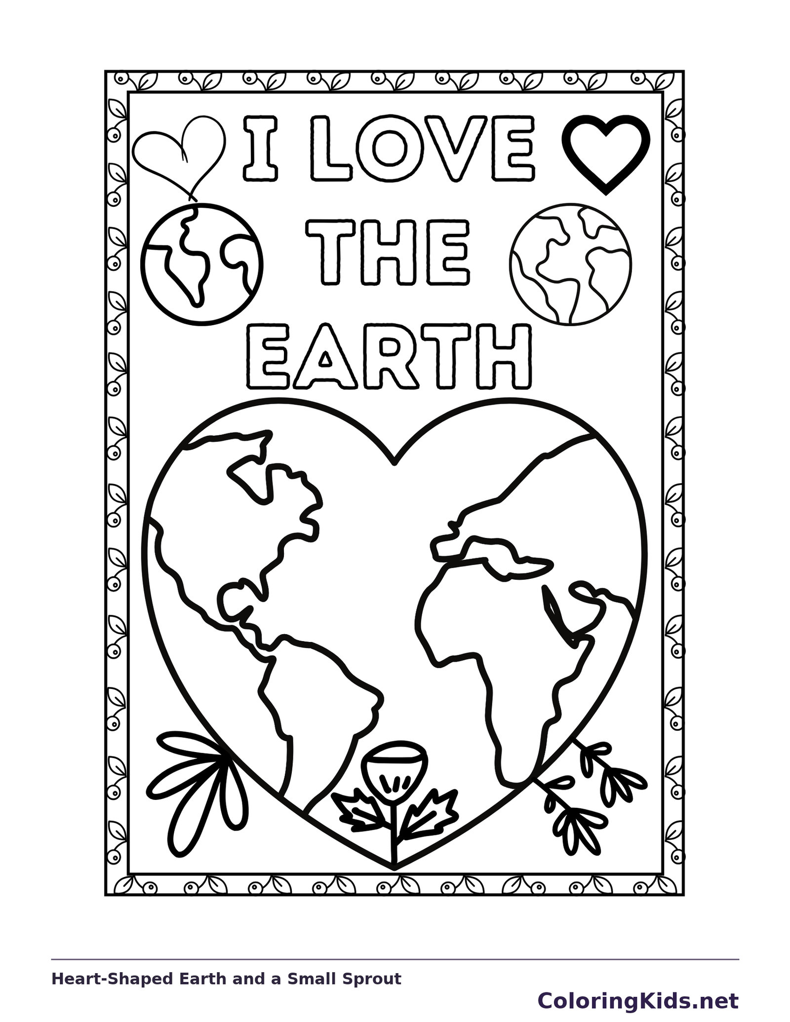 Heart-Shaped Earth and a Small Sprout coloring page: black and white line art to print or color online