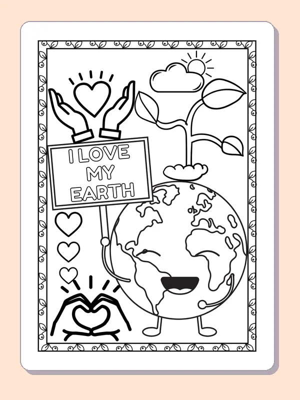 Smiling Earth Beside a Love Sign coloring page: black and white line art to print or color online