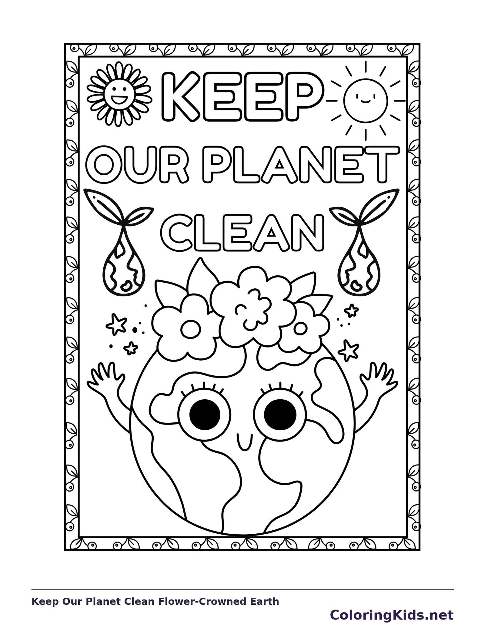 Keep Our Planet Clean Flower-Crowned Earth coloring page: black and white line art to print or color online
