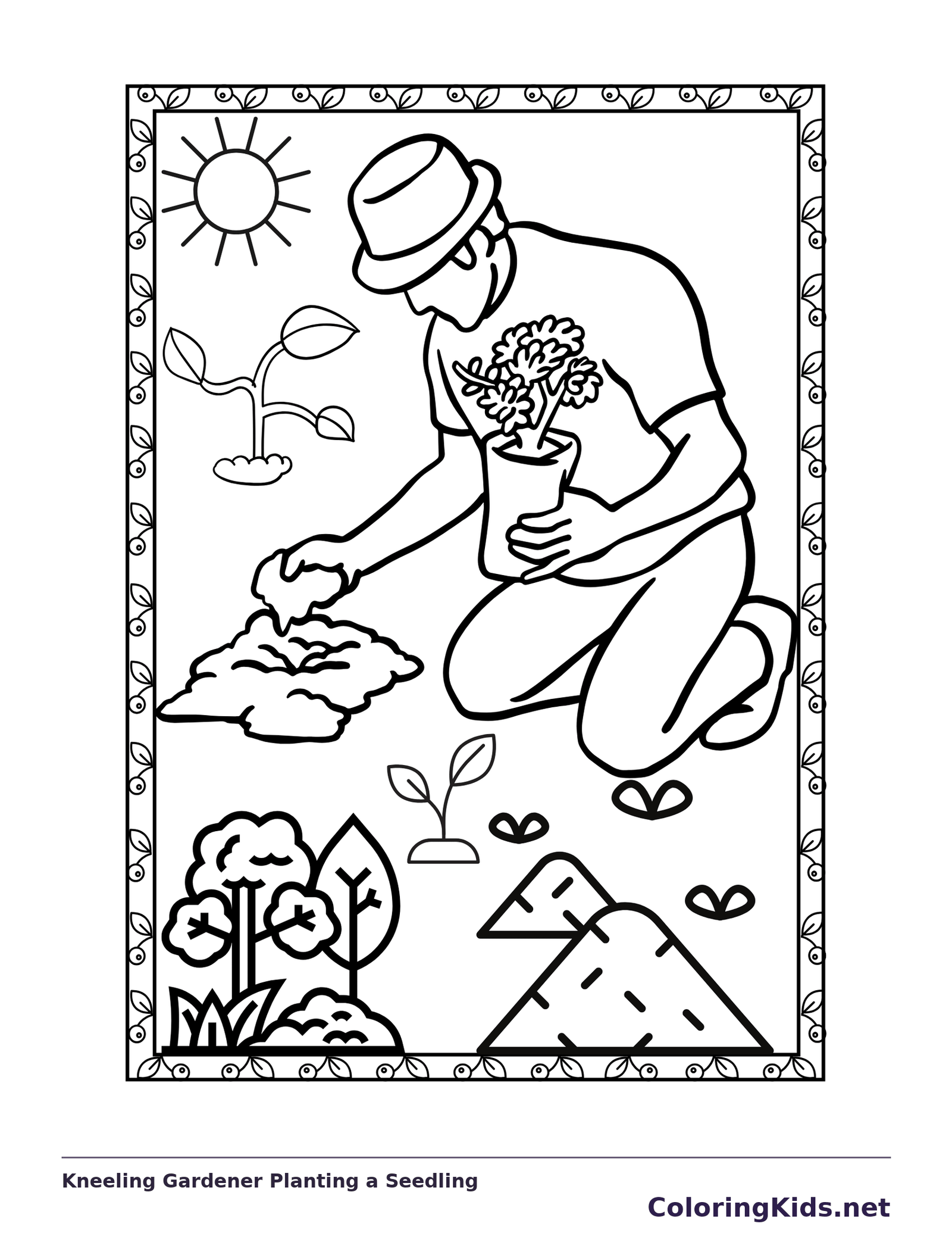 Kneeling Gardener Planting a Seedling coloring page: black and white line art to print or color online