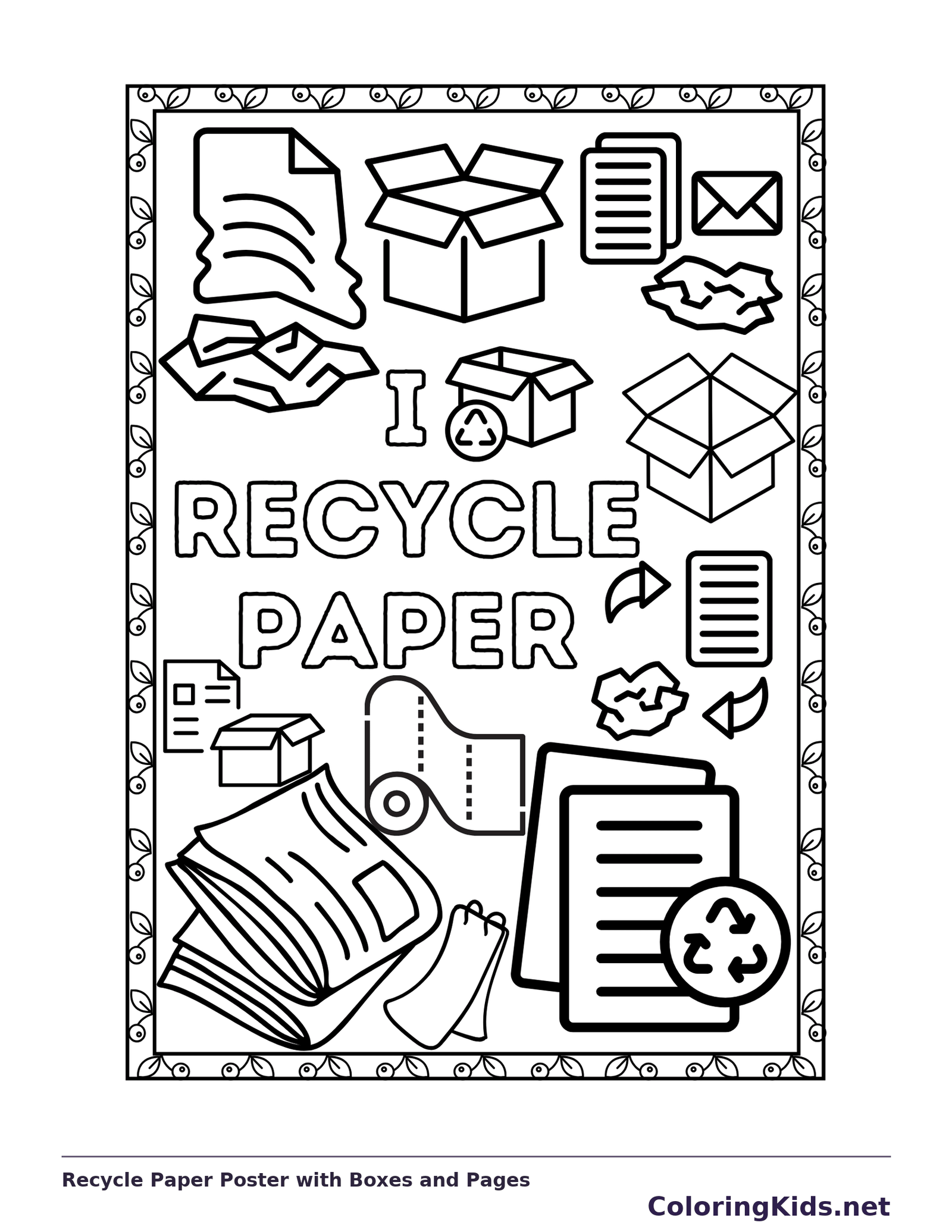 Recycle Paper Poster with Boxes and Pages coloring page: black and white line art to print or color online
