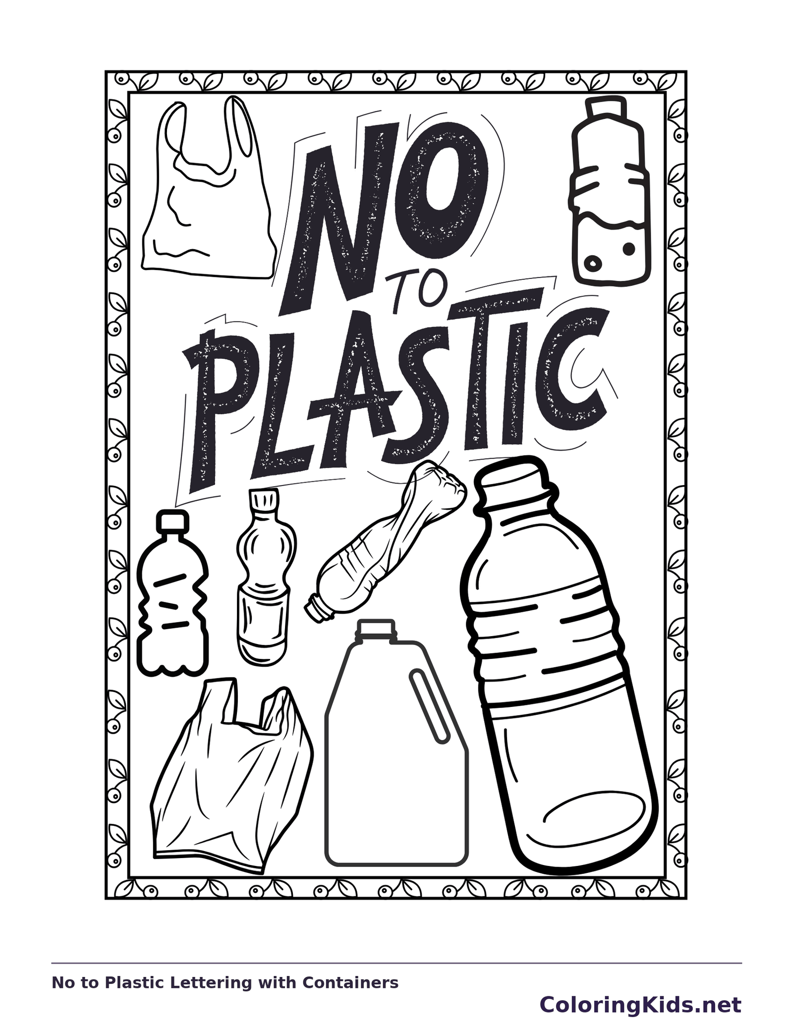 No to Plastic Lettering with Containers coloring page: black and white line art to print or color online