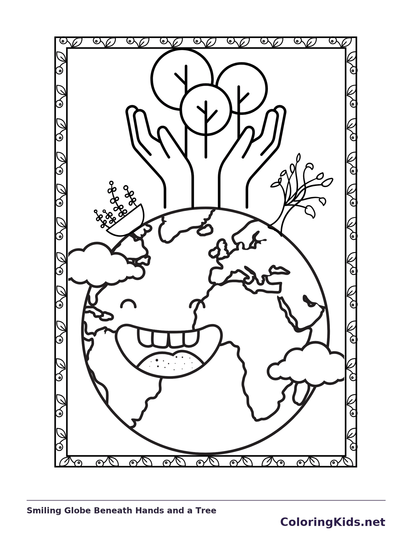 Smiling Globe Beneath Hands and a Tree coloring page: black and white line art to print or color online