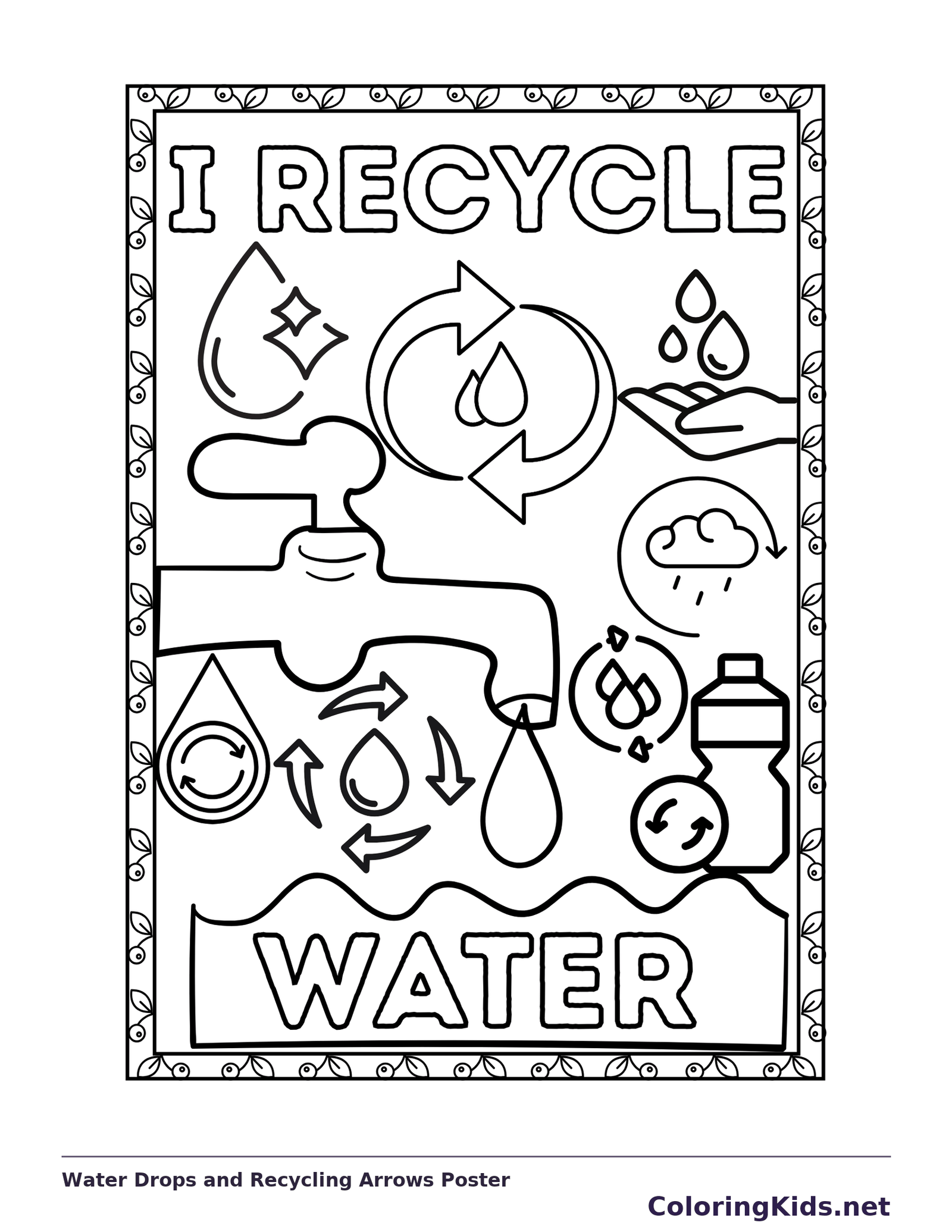 Water Drops and Recycling Arrows Poster coloring page: black and white line art to print or color online