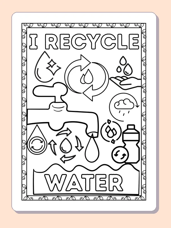 Water Drops and Recycling Arrows Poster coloring page: black and white line art to print or color online