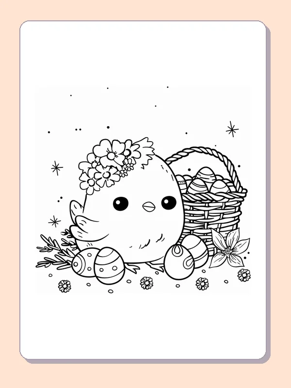 Flower-crown chick beside a wicker basket filled with Easter eggs