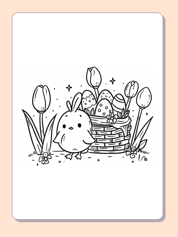 Easter chick standing beside tulips and a basket of decorated eggs