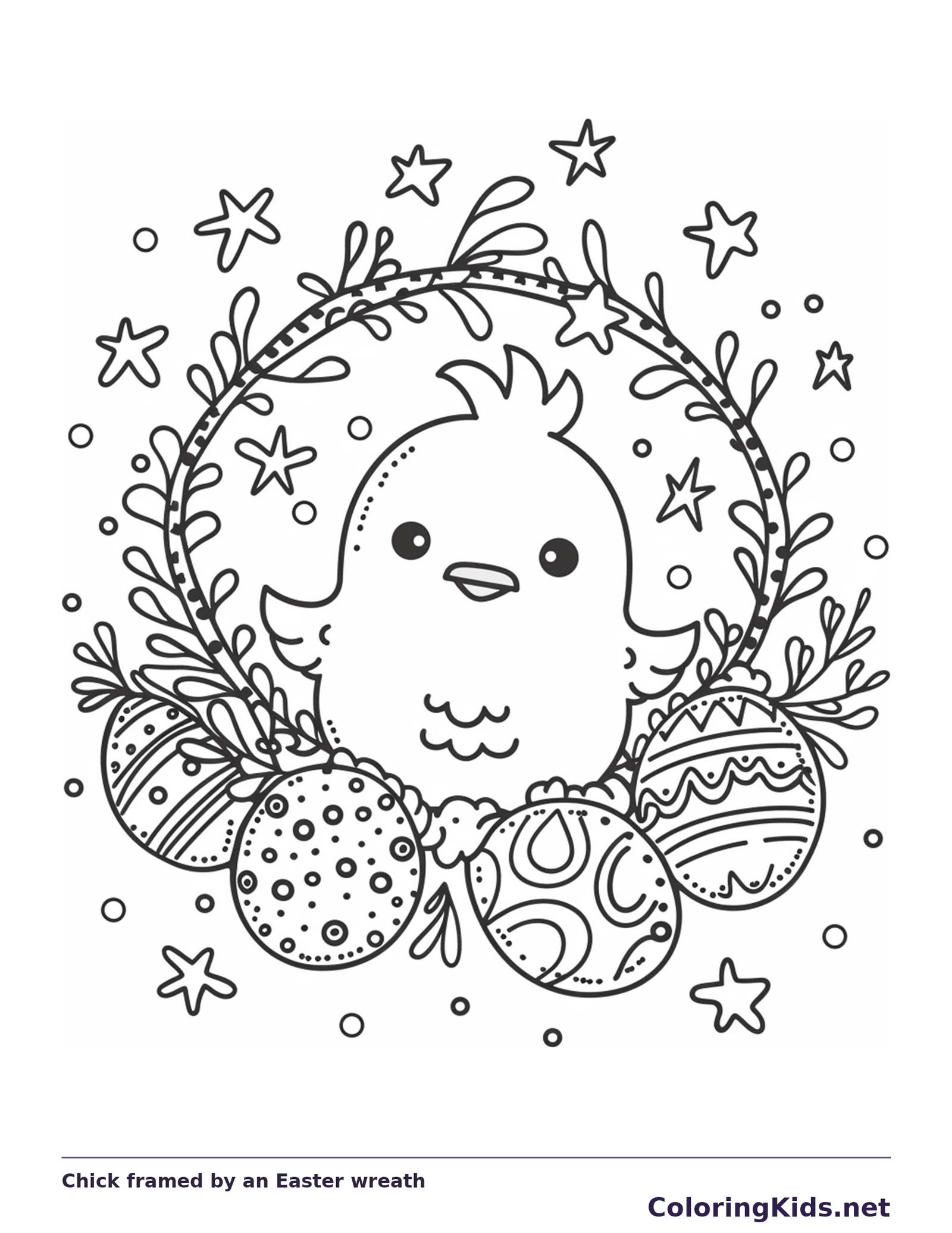 Easter chick inside a leafy wreath with patterned eggs and stars