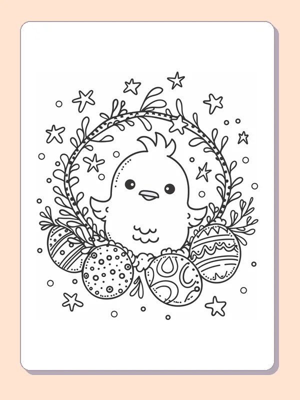 Easter chick inside a leafy wreath with patterned eggs and stars