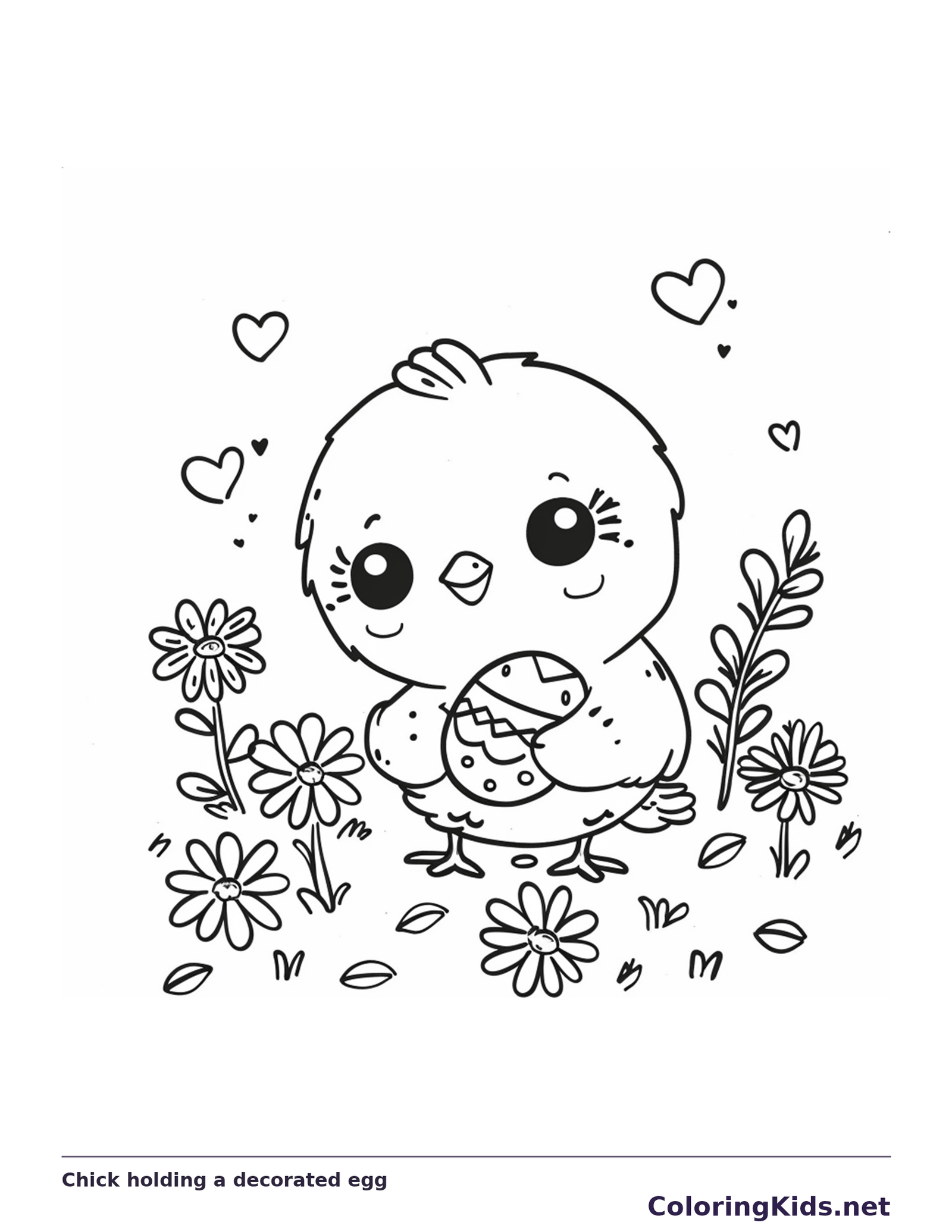 Easter chick holding a patterned egg among spring flowers