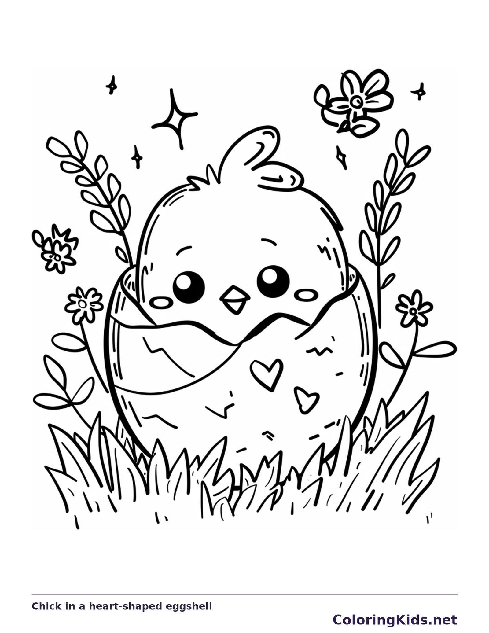 Easter chick in a cracked heart-patterned eggshell among flowers