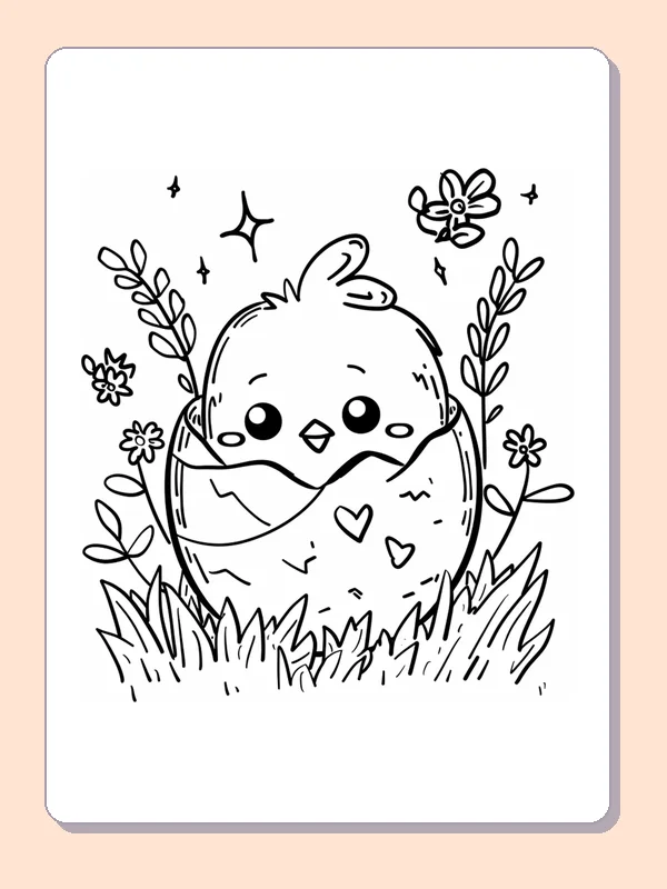 Easter chick in a cracked heart-patterned eggshell among flowers