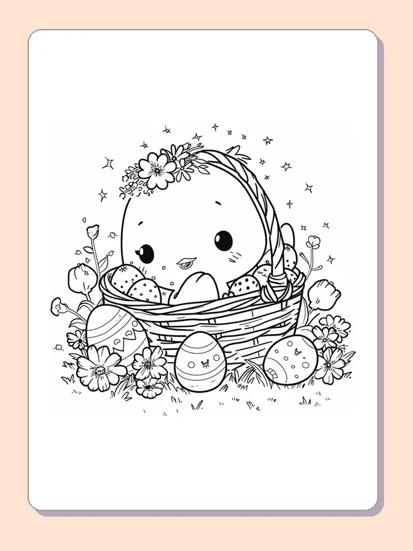 Easter chick nestled in a wicker basket with eggs and flowers