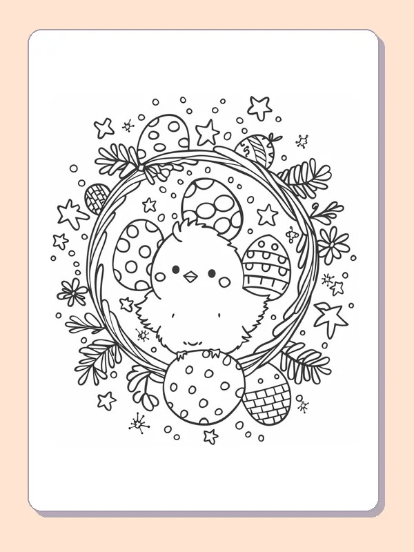 Easter chick inside a wreath of decorated eggs, leaves and stars