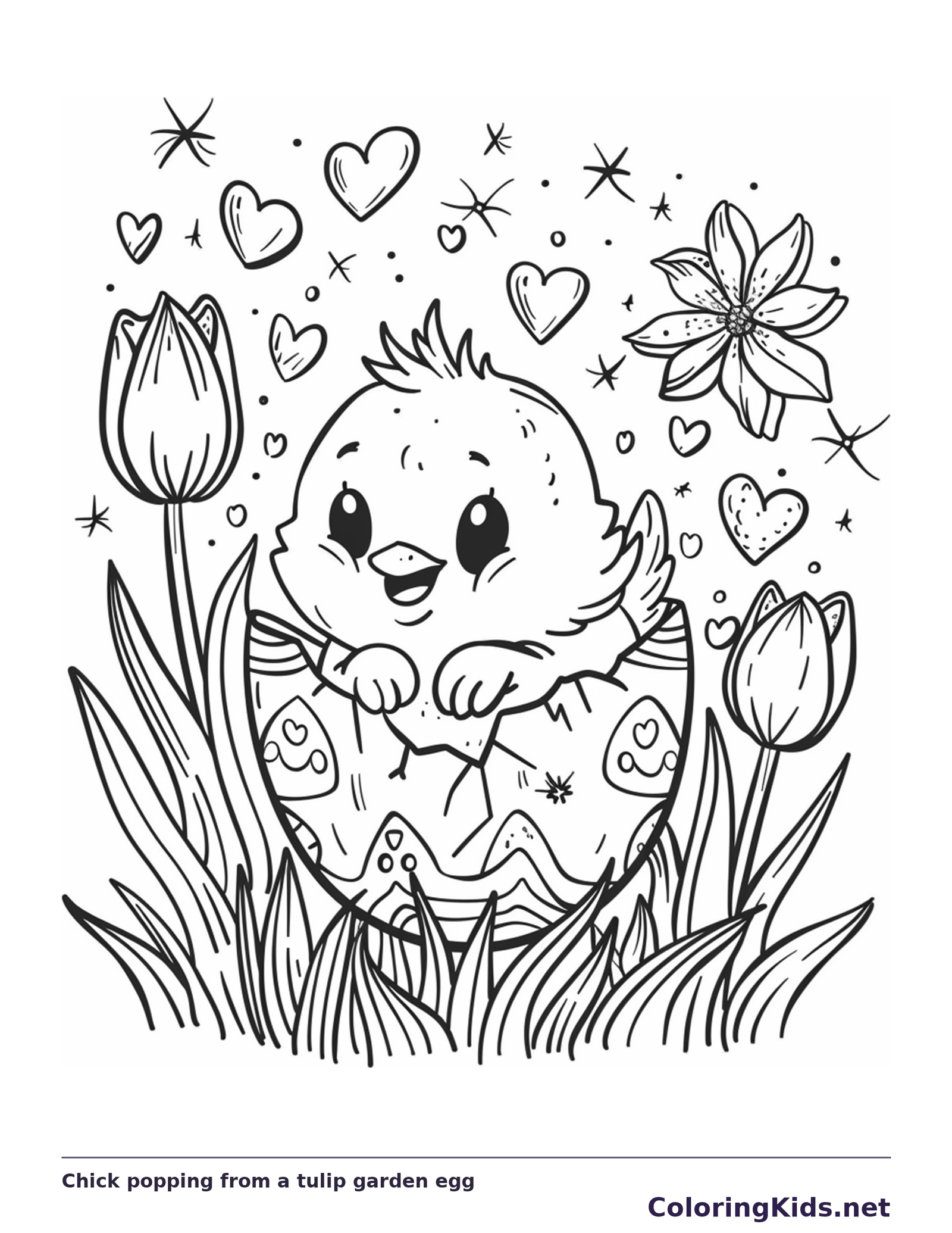Easter chick hatching from a decorated egg among tulips and grass