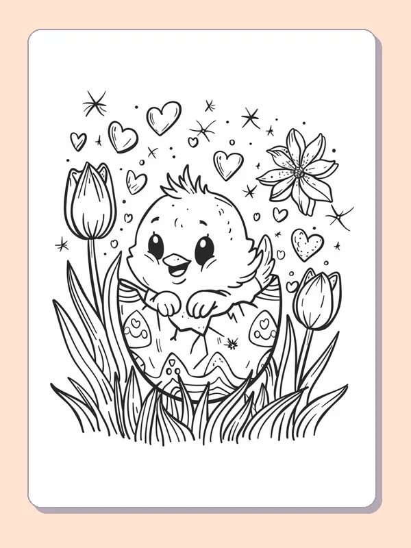 Easter chick hatching from a decorated egg among tulips and grass