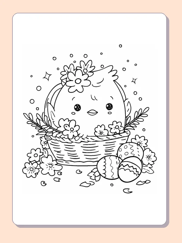 Easter chick in a woven flower nest with decorated eggs