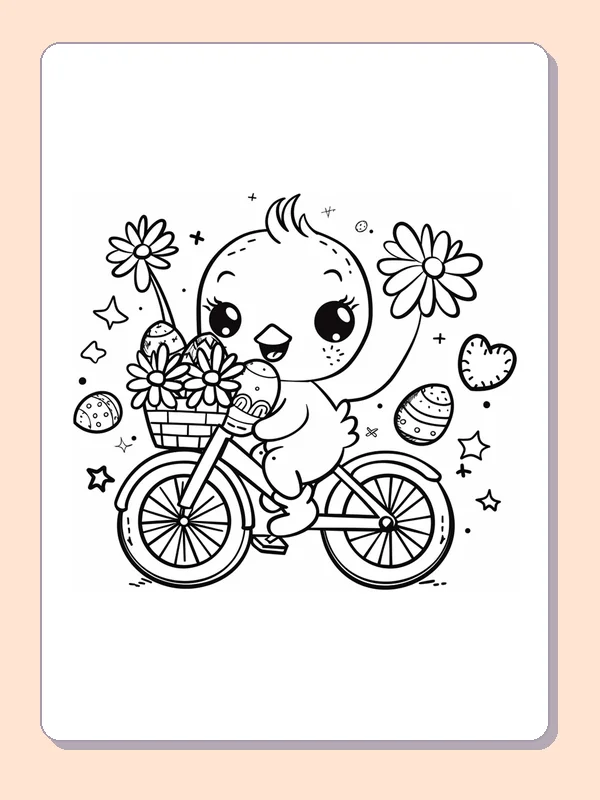 Easter chick riding a bicycle with flowers in the front basket