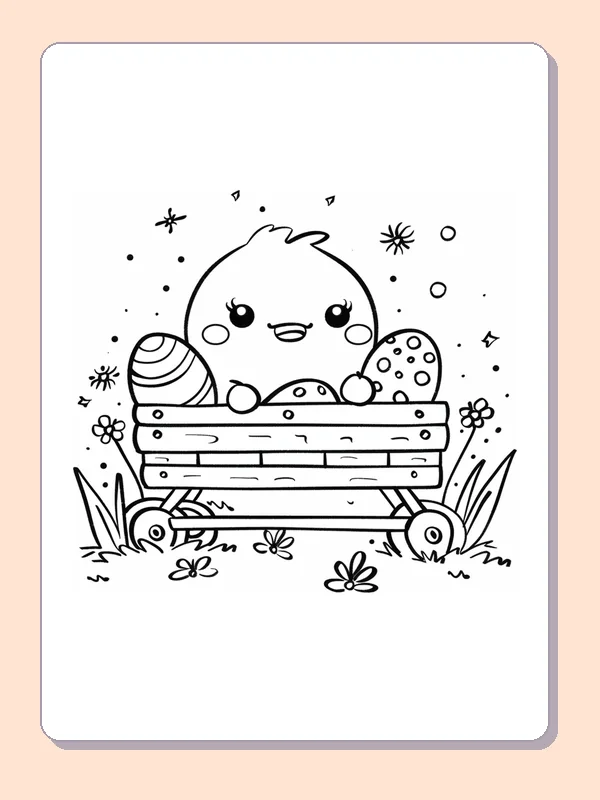 Easter chick in a wooden wagon carrying decorated eggs