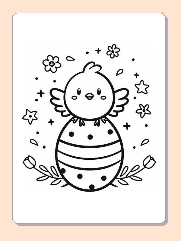 Easter chick sitting on top of a large striped egg